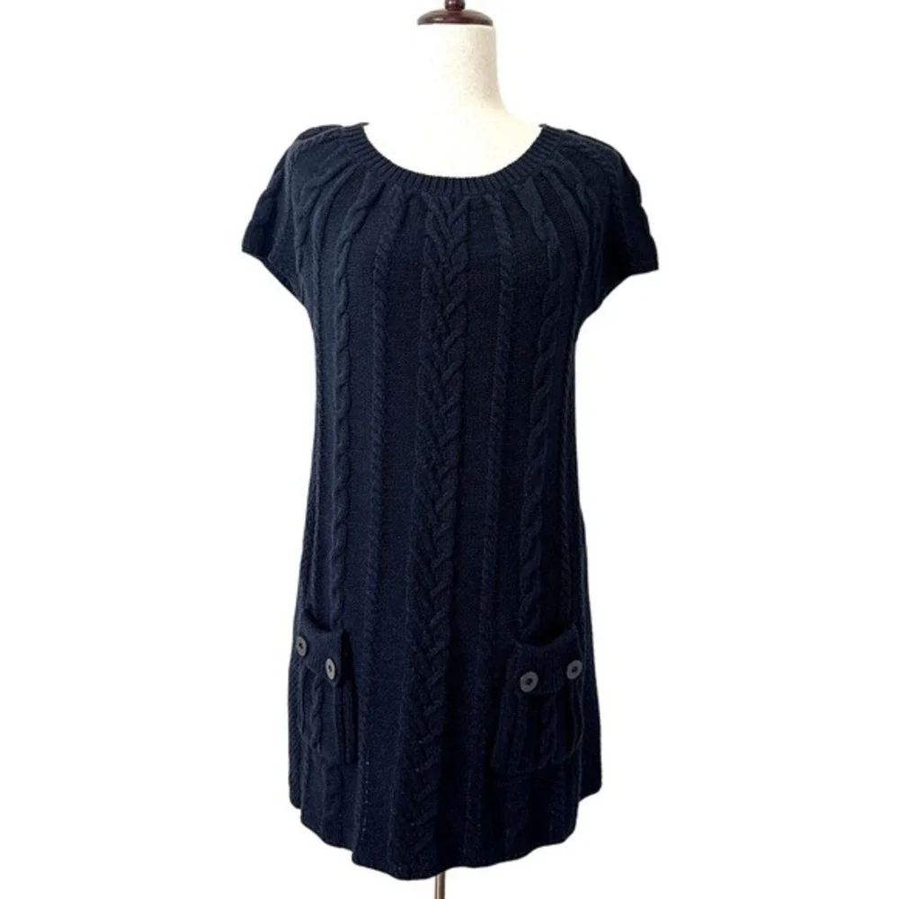 Navy Blue Cable Knit Sweater Dress Tunic Style &‎ Co Pockets XL Cozy Minimalist